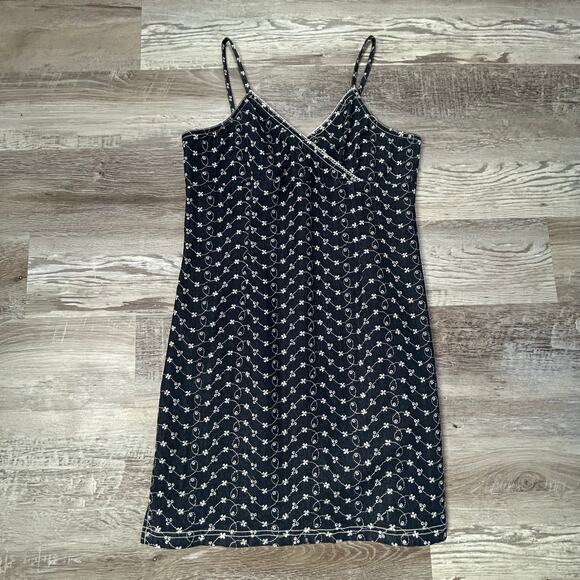 Vintage CAS Denim Slip Dress Floral Embroidered Mesh Y2K Fairycore - Picture 1 of 6